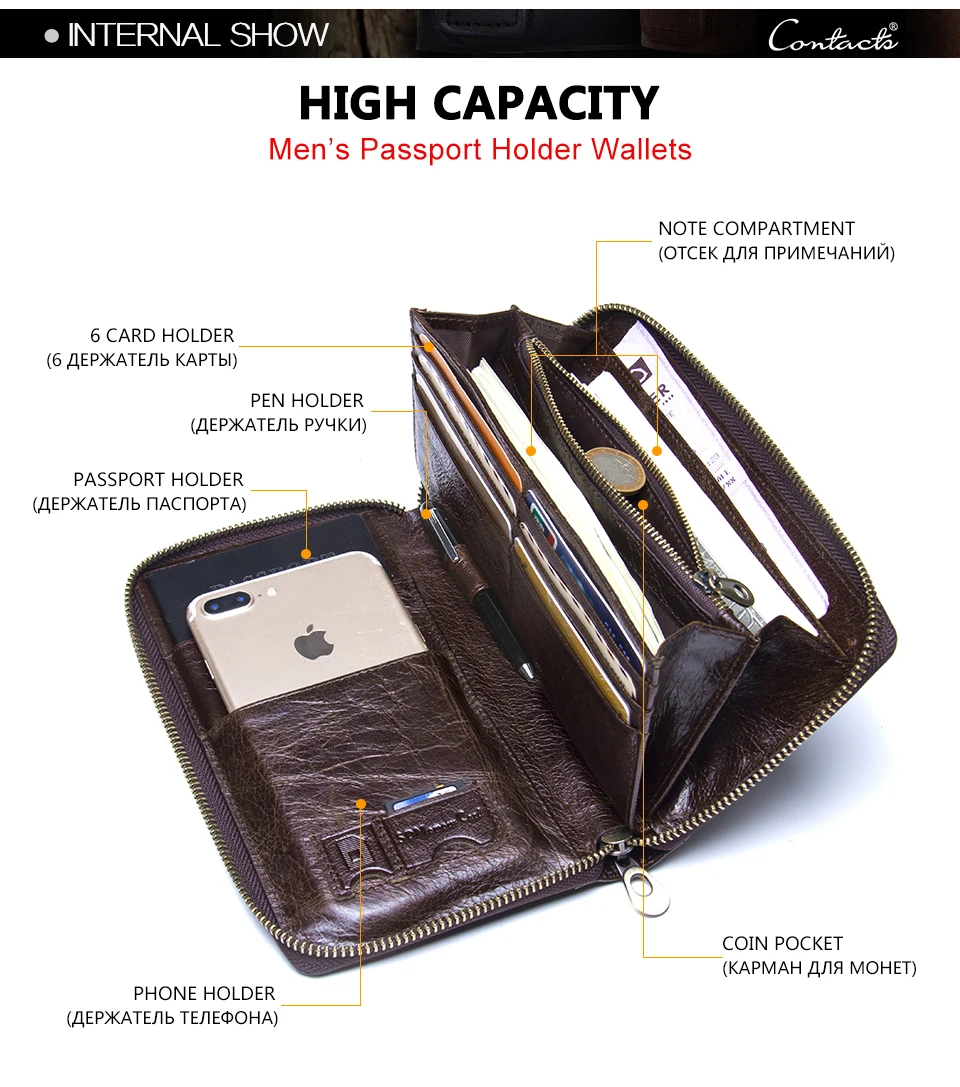 Genuine Leather Men Clutch Wallet  Brand Male Card Holder Long  Zipper Around Travel Purse With Passport Holder 6.5" Phone Case