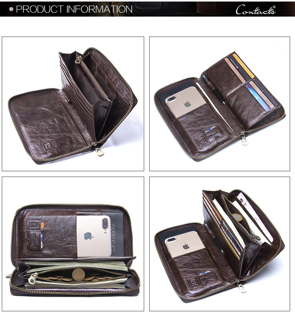 Genuine Leather Men Clutch Wallet  Brand Male Card Holder Long  Zipper Around Travel Purse With Passport Holder 6.5" Phone Case