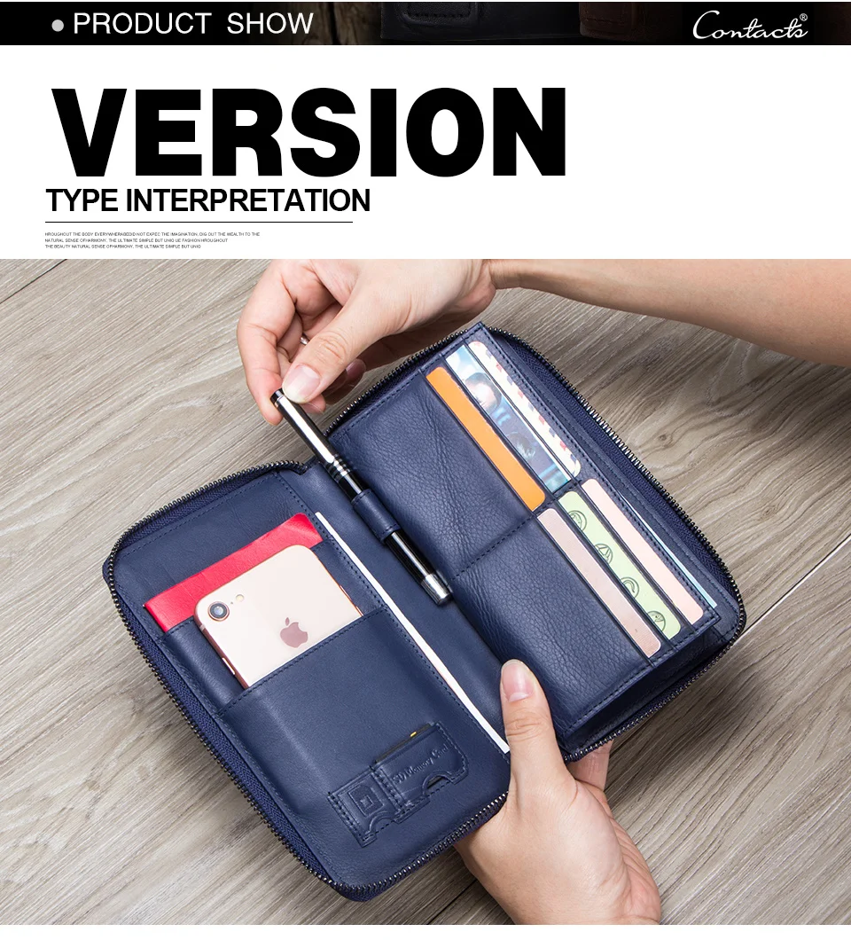 Genuine Leather Men Clutch Wallet  Brand Male Card Holder Long  Zipper Around Travel Purse With Passport Holder 6.5" Phone Case