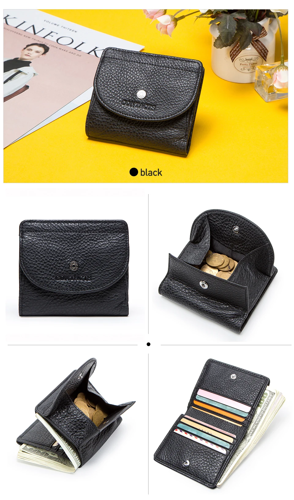 Contact'S Fashion Genuine Leather Designer Wallets Luxury for Women Small Coin Purse Women Card Holder Mini Clutch