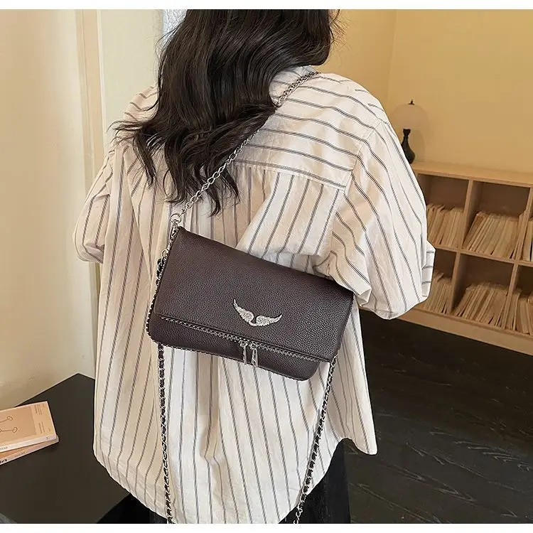 New French Classic Fashion Versatile Chain Inlaid Diamond Crossshoulder Single Shoulder Crossshoulder Wings Female PU Bag