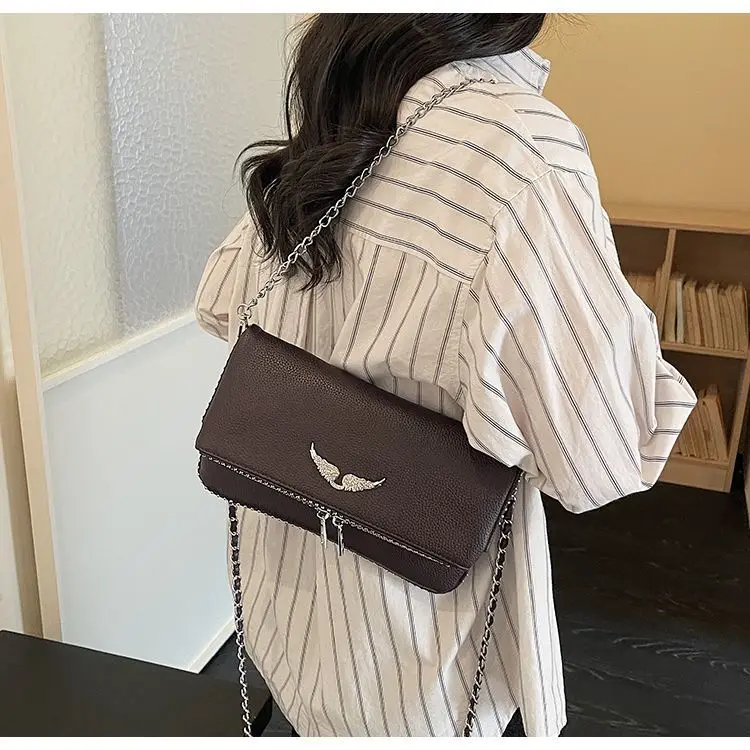 New French Classic Fashion Versatile Chain Inlaid Diamond Crossshoulder Single Shoulder Crossshoulder Wings Female PU Bag