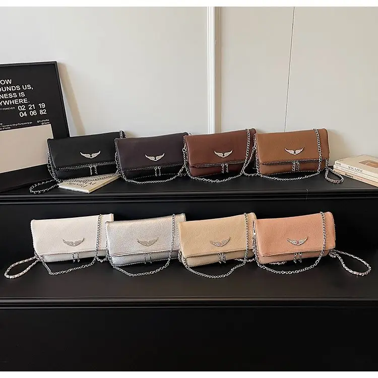 New French Classic Fashion Versatile Chain Inlaid Diamond Crossshoulder Single Shoulder Crossshoulder Wings Female PU Bag
