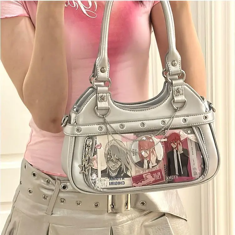 JIAERDI Harajuku Star Ita Bag Women Double Strap Adjustable Clear Leather Tote Purse Subculture Daily Versatile Shoulder Bag Y2K