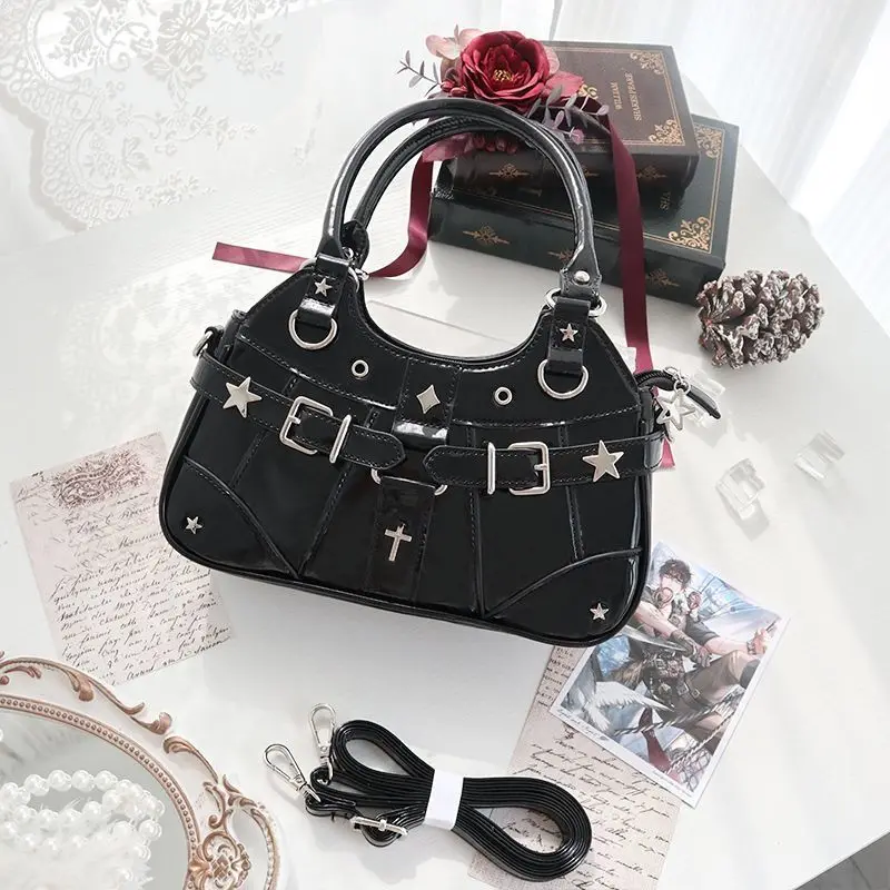 JIAERDI Harajuku Star Ita Bag Women Double Strap Adjustable Clear Leather Tote Purse Subculture Daily Versatile Shoulder Bag Y2K