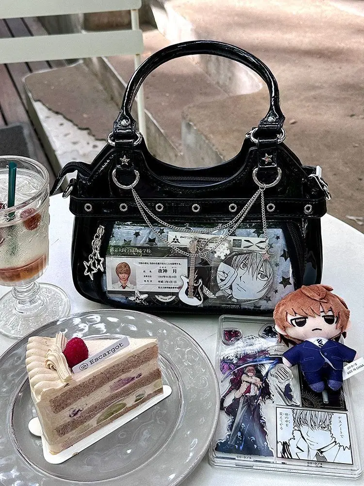 JIAERDI Harajuku Star Ita Bag Women Double Strap Adjustable Clear Leather Tote Purse Subculture Daily Versatile Shoulder Bag Y2K