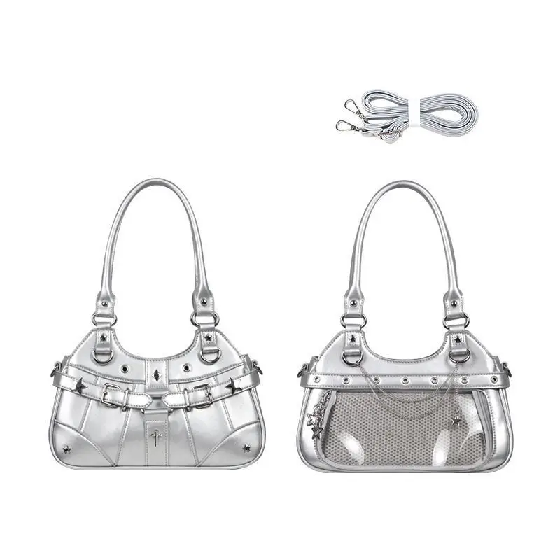 JIAERDI Harajuku Star Ita Bag Women Double Strap Adjustable Clear Leather Tote Purse Subculture Daily Versatile Shoulder Bag Y2K