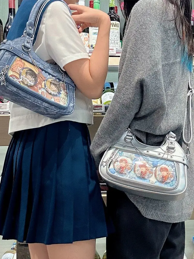 JIAERDI Harajuku Star Ita Bag Women Double Strap Adjustable Clear Leather Tote Purse Subculture Daily Versatile Shoulder Bag Y2K