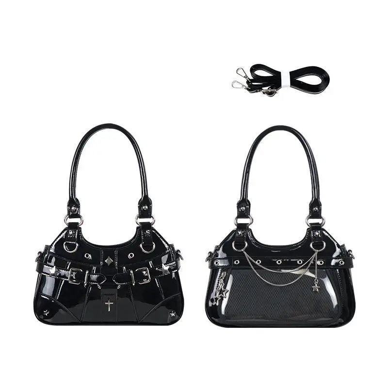 JIAERDI Harajuku Star Ita Bag Women Double Strap Adjustable Clear Leather Tote Purse Subculture Daily Versatile Shoulder Bag Y2K