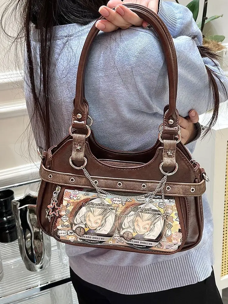 JIAERDI Harajuku Star Ita Bag Women Double Strap Adjustable Clear Leather Tote Purse Subculture Daily Versatile Shoulder Bag Y2K