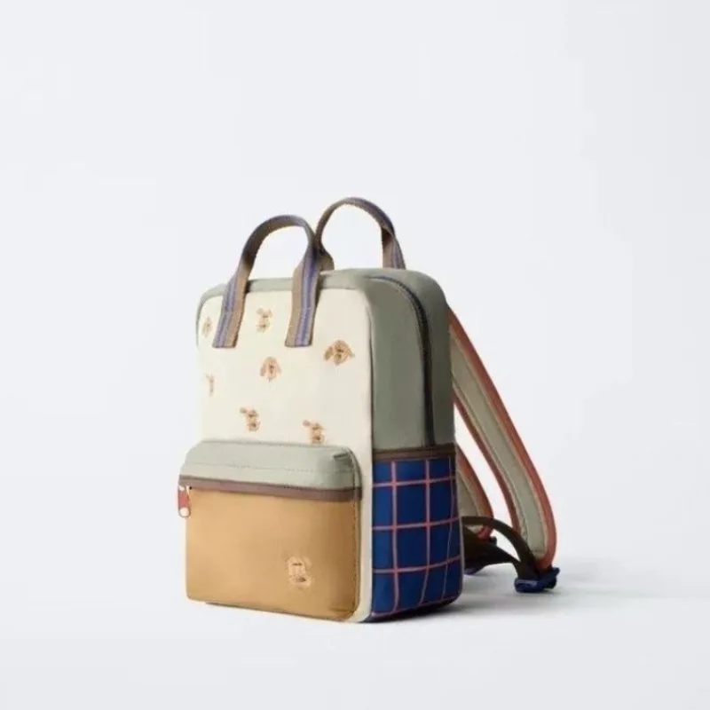 2026 New Cartoon Cute Teddy Bear Embroidered Unisex Backpack Plaid Patchwork Student School Bag Fashionable Casual Backpack