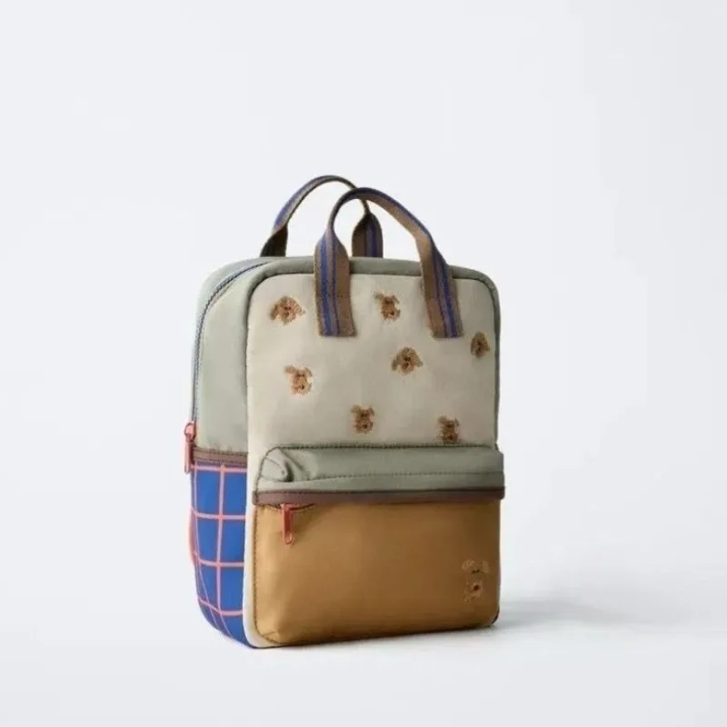 2026 New Cartoon Cute Teddy Bear Embroidered Unisex Backpack Plaid Patchwork Student School Bag Fashionable Casual Backpack