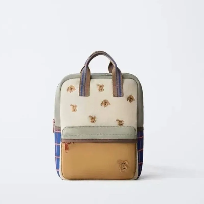2026 New Cartoon Cute Teddy Bear Embroidered Unisex Backpack Plaid Patchwork Student School Bag Fashionable Casual Backpack
