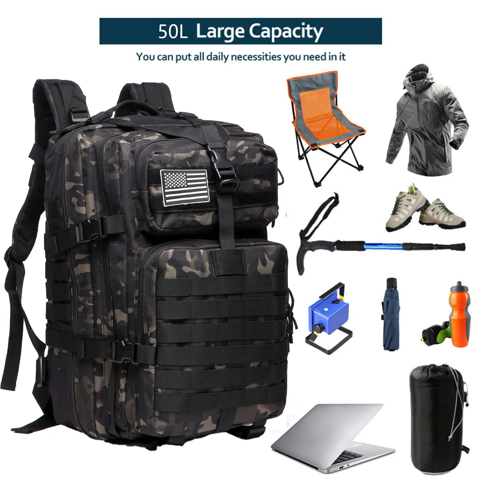 50L Durable Nylon Waterproof Tactical Backpack for Outdoor Hiking Fishing Hunting Camping Trekking Sports Travel Shoulder Bag