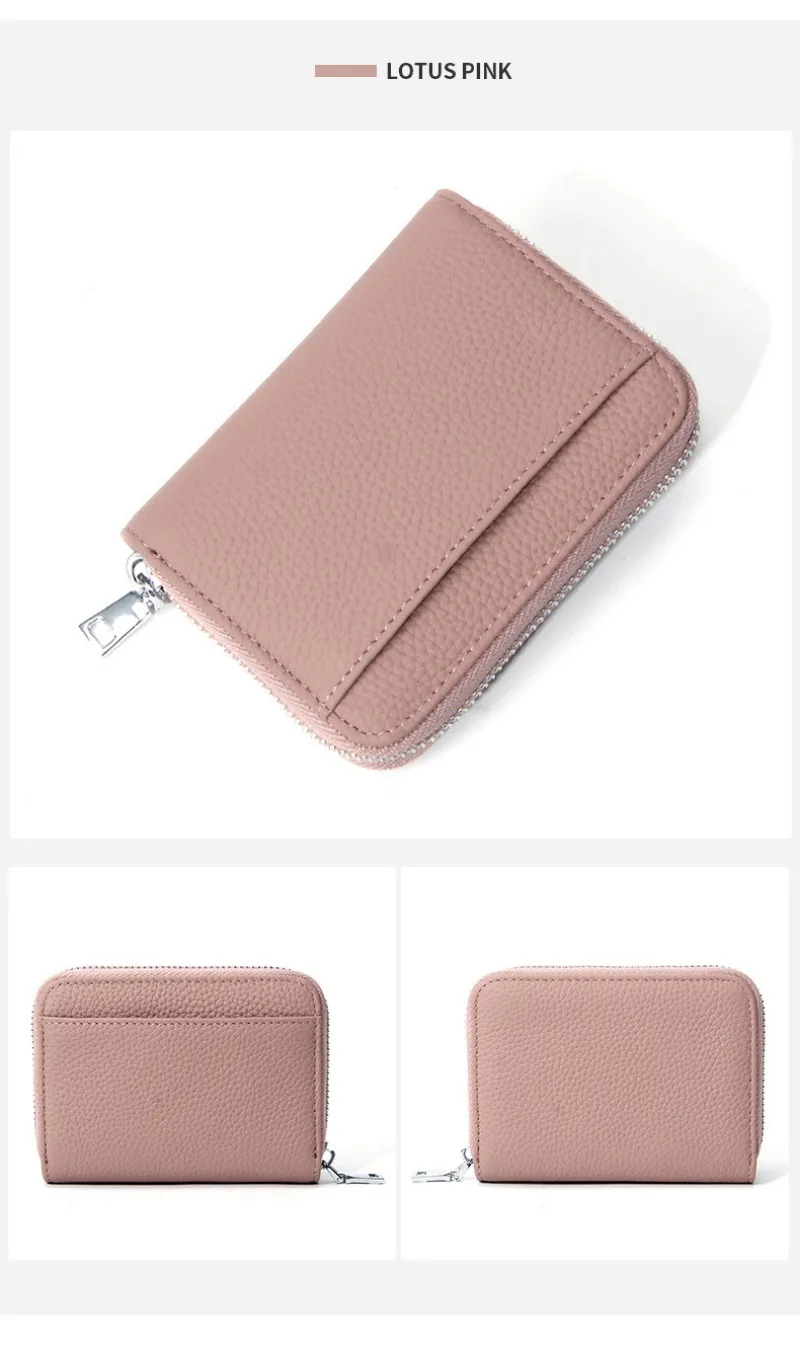 Women's RFID Blocking Card Holder Genuine Leather Japanese Style Multi-Slot Card Wallet Divided Compartment Zipper Coin Purse