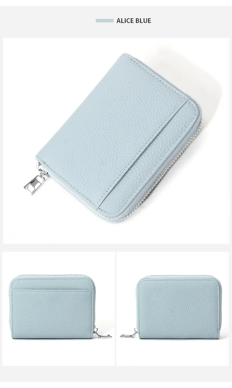 Women's RFID Blocking Card Holder Genuine Leather Japanese Style Multi-Slot Card Wallet Divided Compartment Zipper Coin Purse