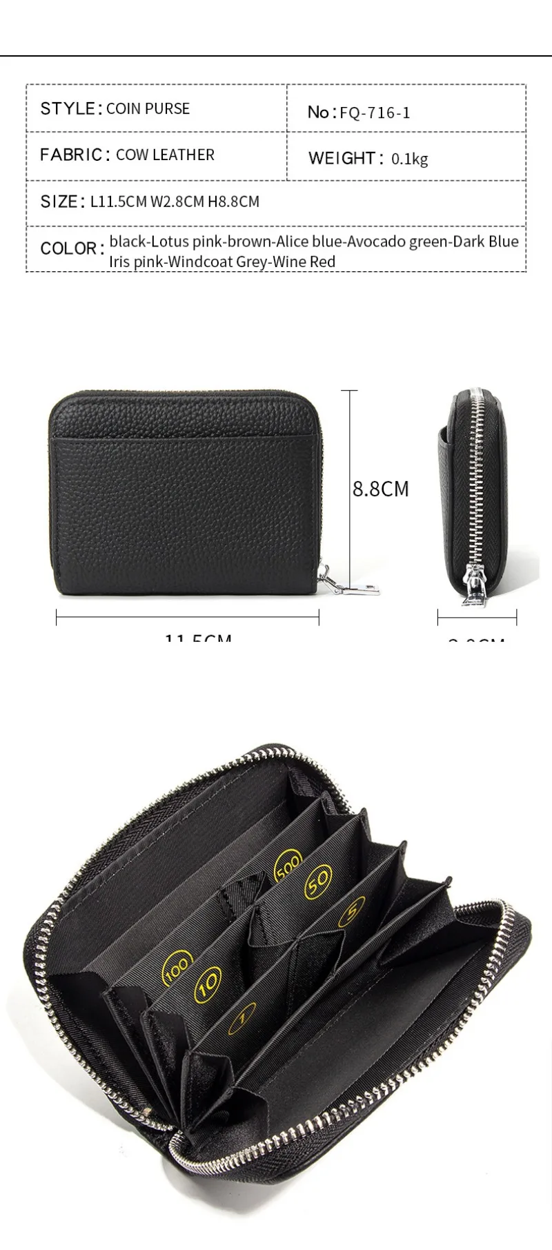 Women's RFID Blocking Card Holder Genuine Leather Japanese Style Multi-Slot Card Wallet Divided Compartment Zipper Coin Purse