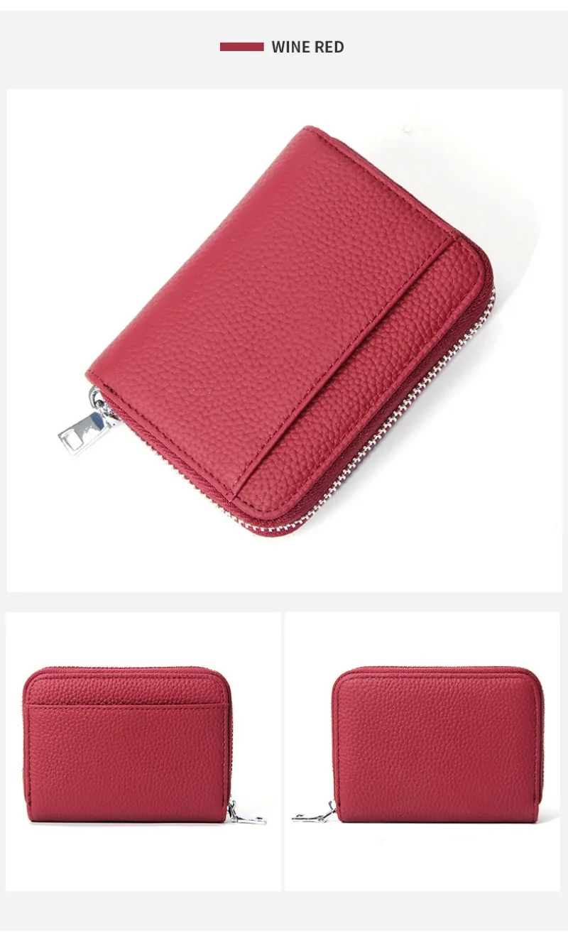 Women's RFID Blocking Card Holder Genuine Leather Japanese Style Multi-Slot Card Wallet Divided Compartment Zipper Coin Purse