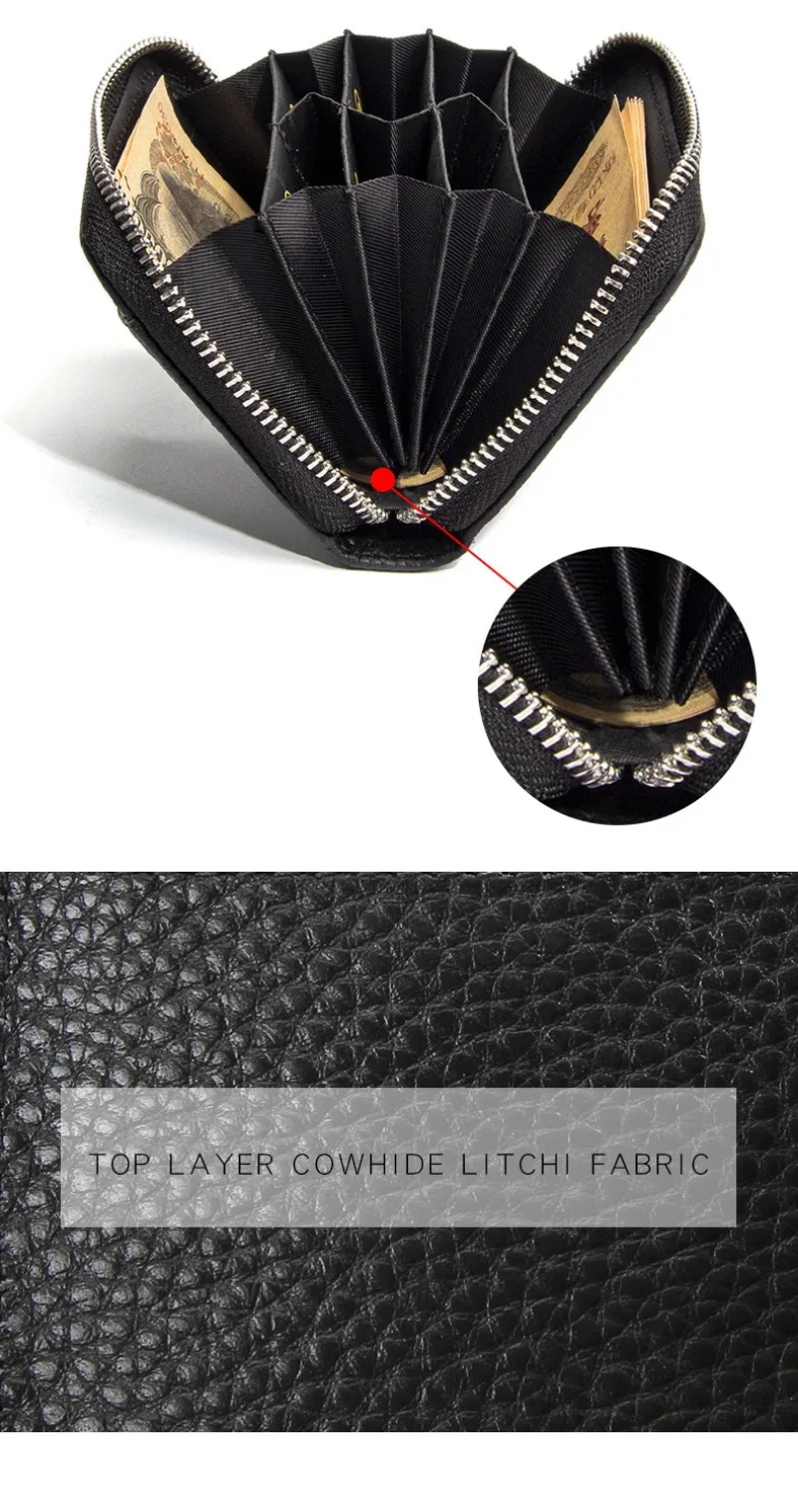 Women's RFID Blocking Card Holder Genuine Leather Japanese Style Multi-Slot Card Wallet Divided Compartment Zipper Coin Purse