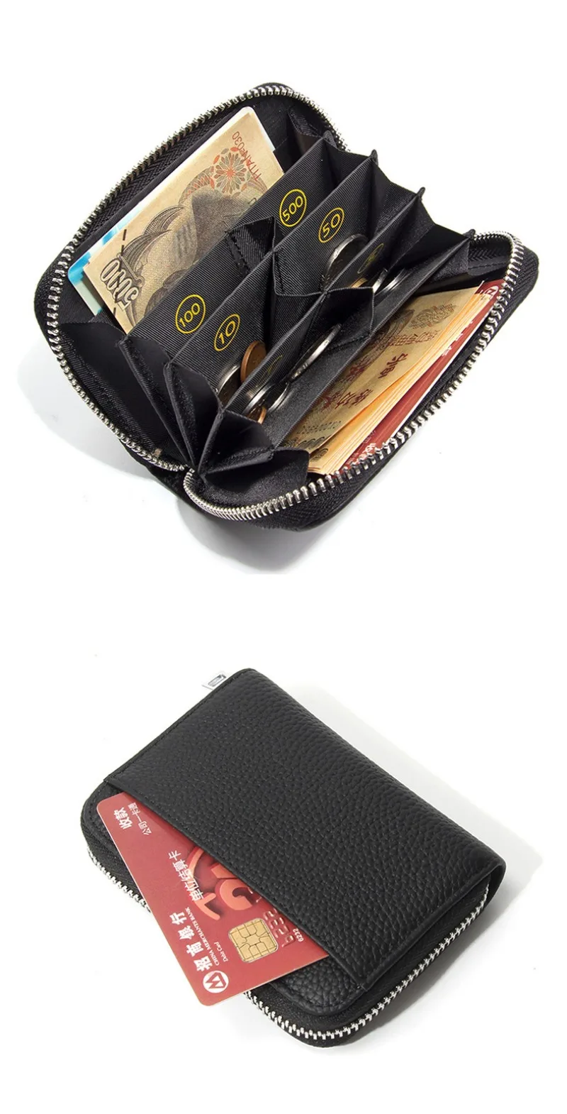 Women's RFID Blocking Card Holder Genuine Leather Japanese Style Multi-Slot Card Wallet Divided Compartment Zipper Coin Purse