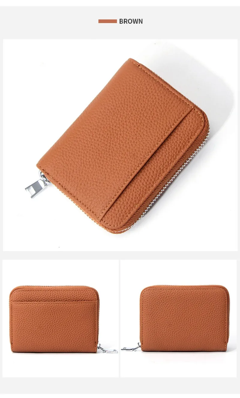 Women's RFID Blocking Card Holder Genuine Leather Japanese Style Multi-Slot Card Wallet Divided Compartment Zipper Coin Purse
