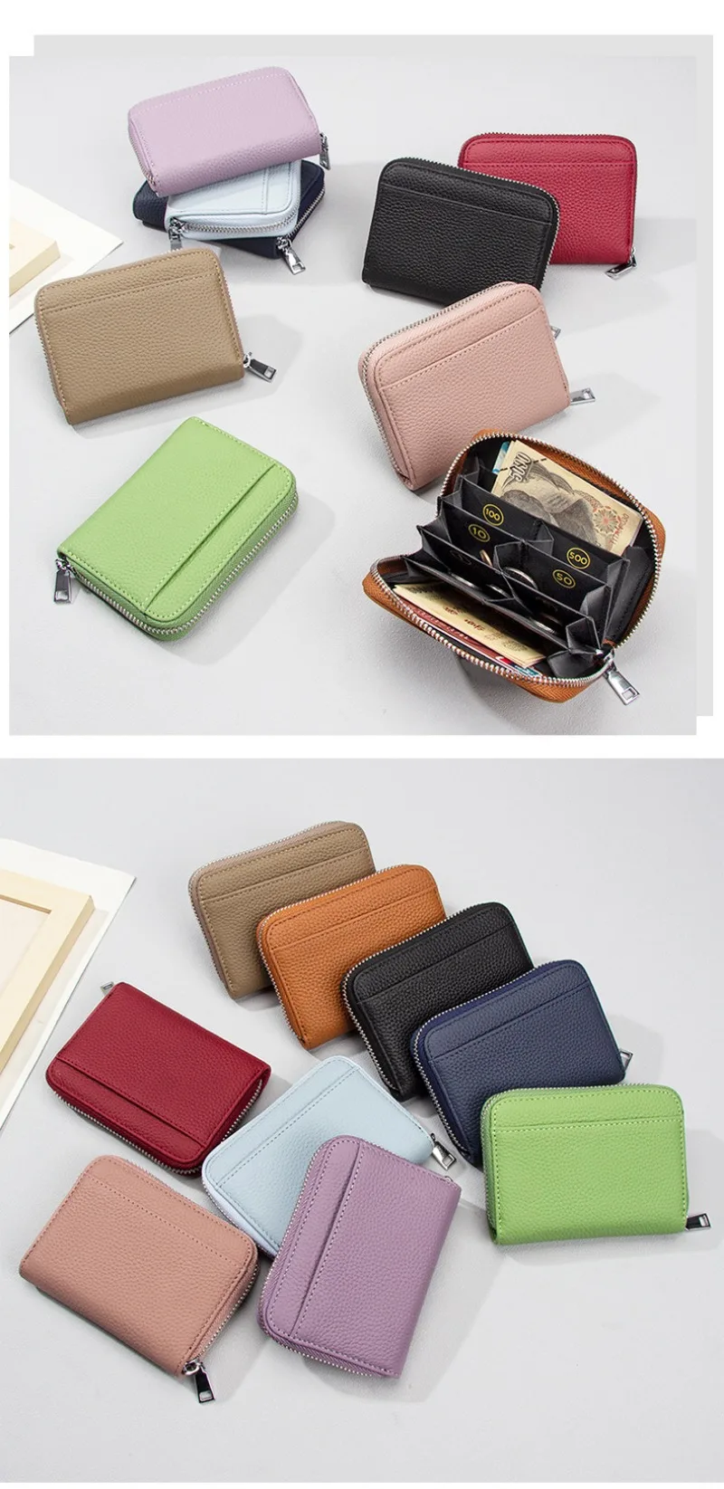 Women's RFID Blocking Card Holder Genuine Leather Japanese Style Multi-Slot Card Wallet Divided Compartment Zipper Coin Purse