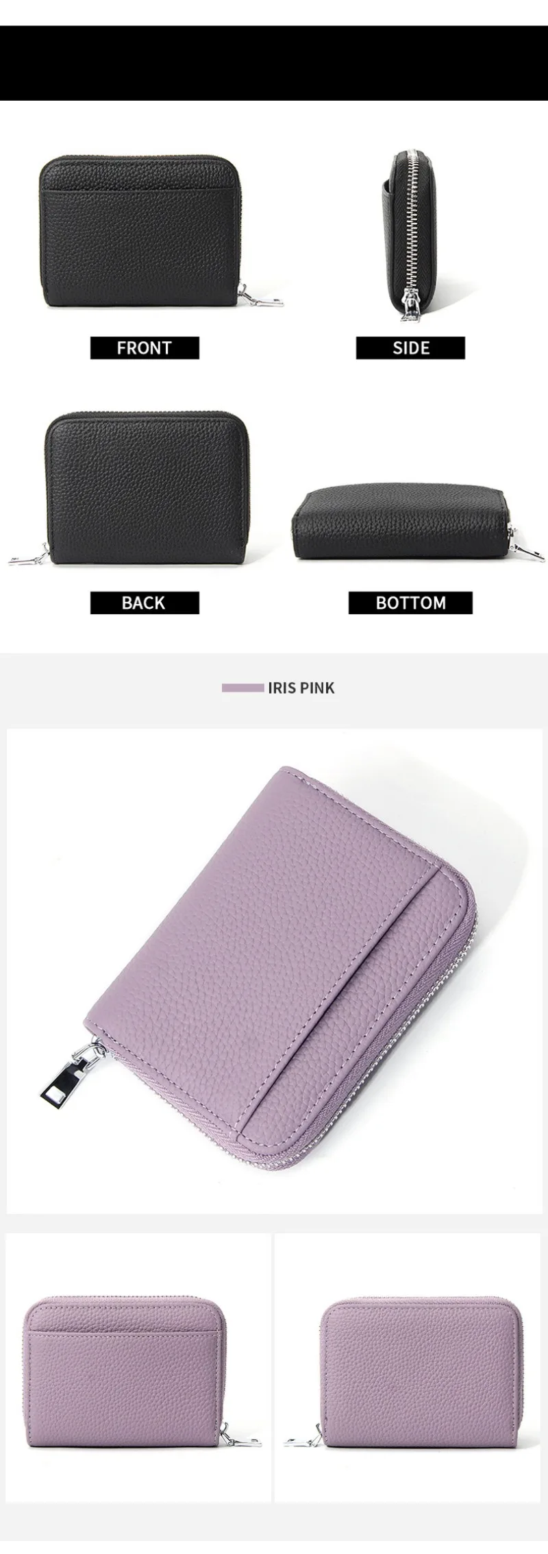 Women's RFID Blocking Card Holder Genuine Leather Japanese Style Multi-Slot Card Wallet Divided Compartment Zipper Coin Purse