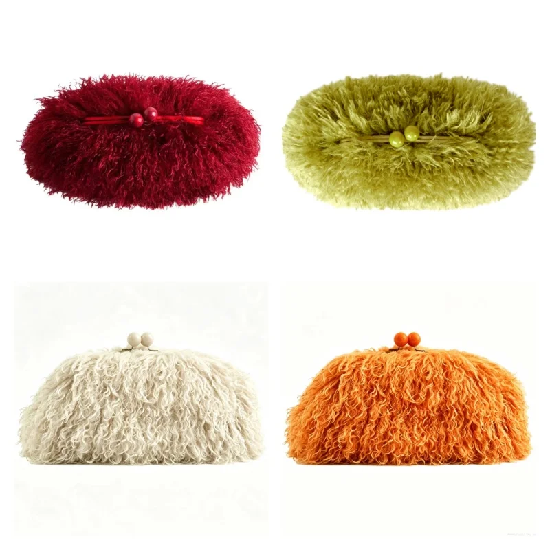 Women Kisslock Faux Fur Furry Clutch Bag Winter Warm Pouch Frame Clasp Bag with Chain Crossbody Dark Grey Red Yellow