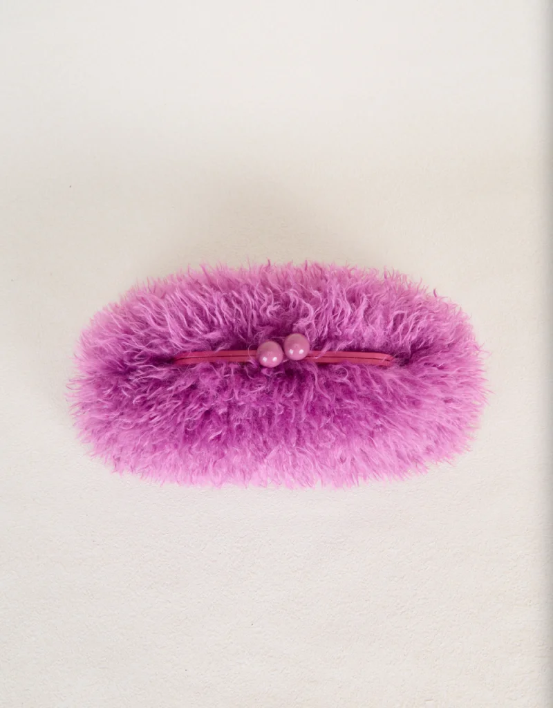 Women Kisslock Faux Fur Furry Clutch Bag Winter Warm Pouch Frame Clasp Bag with Chain Crossbody Dark Grey Red Yellow