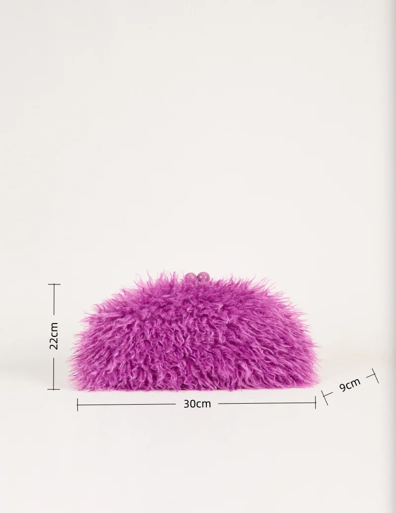 Women Kisslock Faux Fur Furry Clutch Bag Winter Warm Pouch Frame Clasp Bag with Chain Crossbody Dark Grey Red Yellow