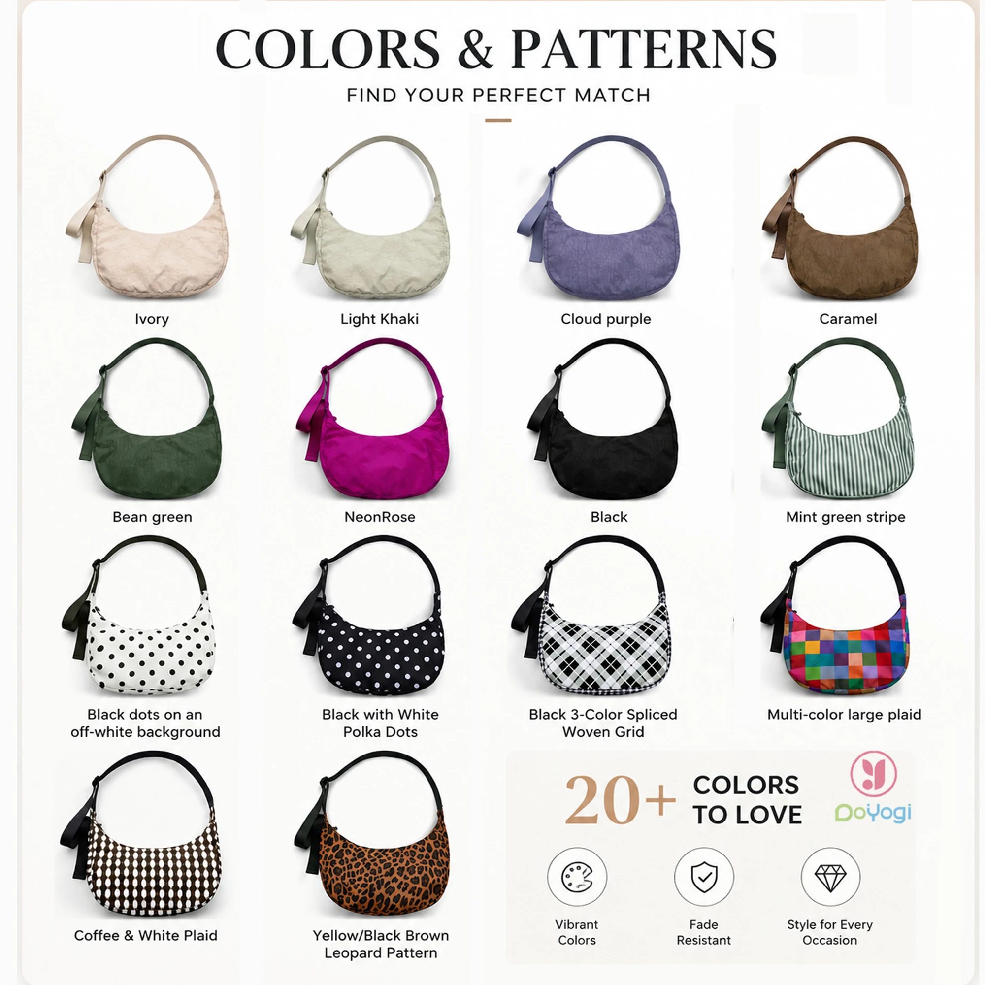 Nylon Medium Crescent Bag for Women Men,Crossbody Bag with Adjustable Strap&Dual Interior Zip Pocket Casual Daily Shoulder Bag