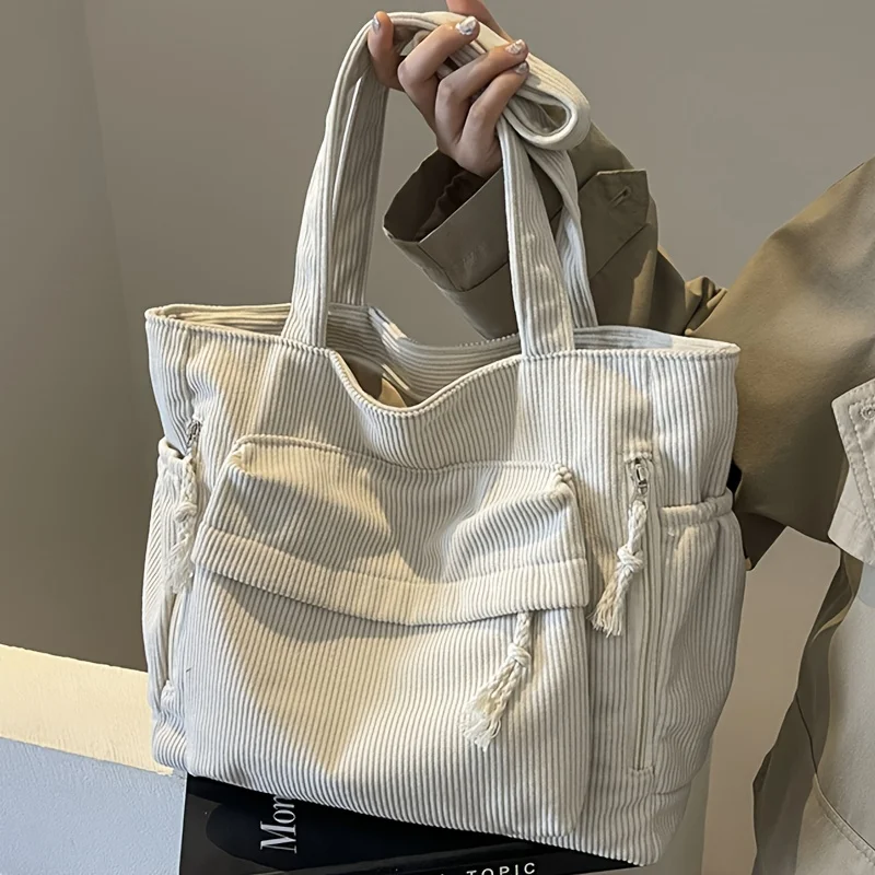 Women'S Large Capacity Corduroy Tote Bag Heavy-Duty Multi-Compartment Handbag Shoulder Bag with Fixed Strap & Zipper Closure