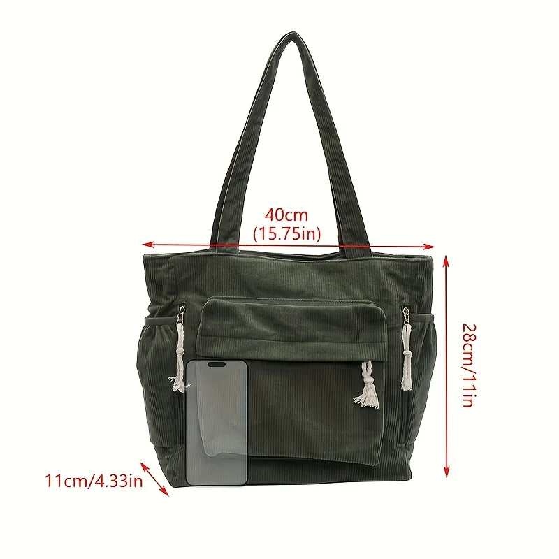 Women'S Large Capacity Corduroy Tote Bag Heavy-Duty Multi-Compartment Handbag Shoulder Bag with Fixed Strap & Zipper Closure