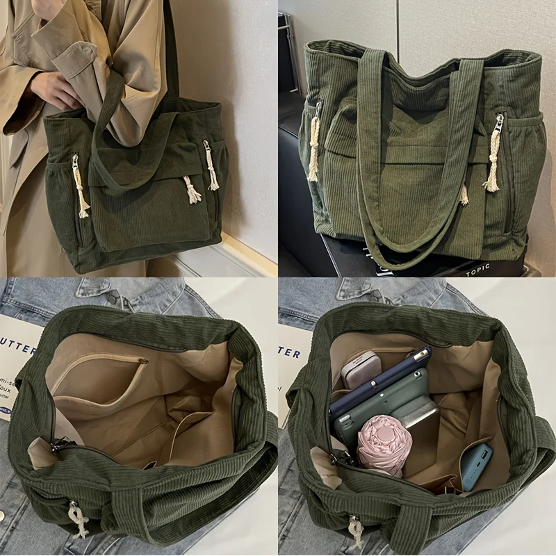 Women'S Large Capacity Corduroy Tote Bag Heavy-Duty Multi-Compartment Handbag Shoulder Bag with Fixed Strap & Zipper Closure