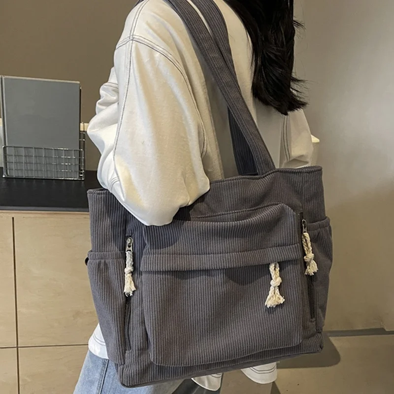 Women'S Large Capacity Corduroy Tote Bag Heavy-Duty Multi-Compartment Handbag Shoulder Bag with Fixed Strap & Zipper Closure