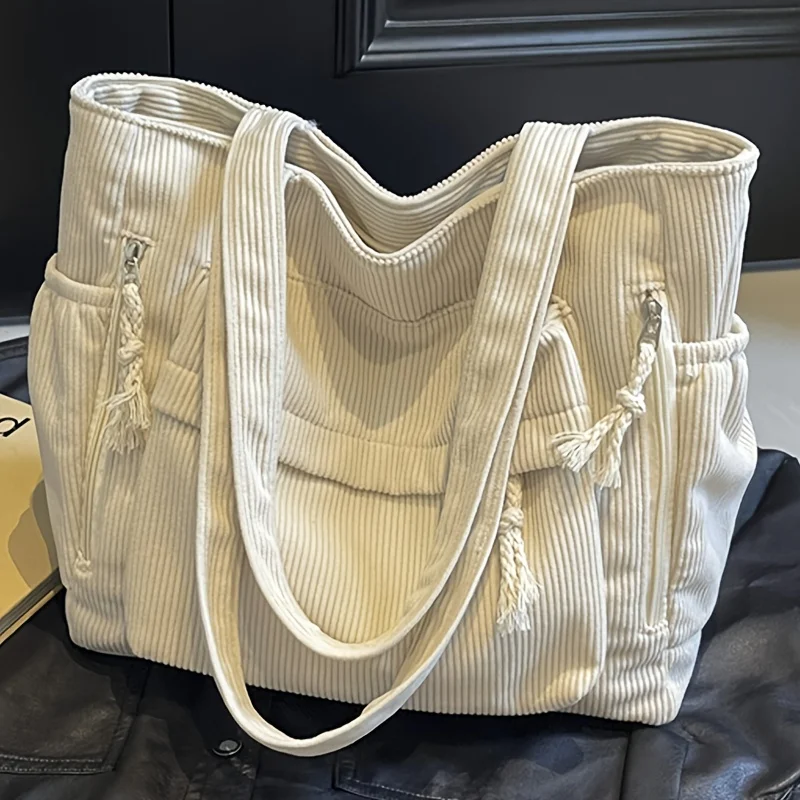 Women'S Large Capacity Corduroy Tote Bag Heavy-Duty Multi-Compartment Handbag Shoulder Bag with Fixed Strap & Zipper Closure