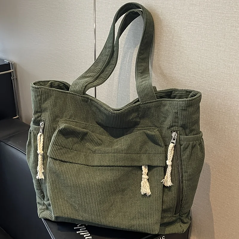 Women'S Large Capacity Corduroy Tote Bag Heavy-Duty Multi-Compartment Handbag Shoulder Bag with Fixed Strap & Zipper Closure