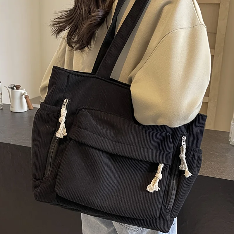 Women'S Large Capacity Corduroy Tote Bag Heavy-Duty Multi-Compartment Handbag Shoulder Bag with Fixed Strap & Zipper Closure