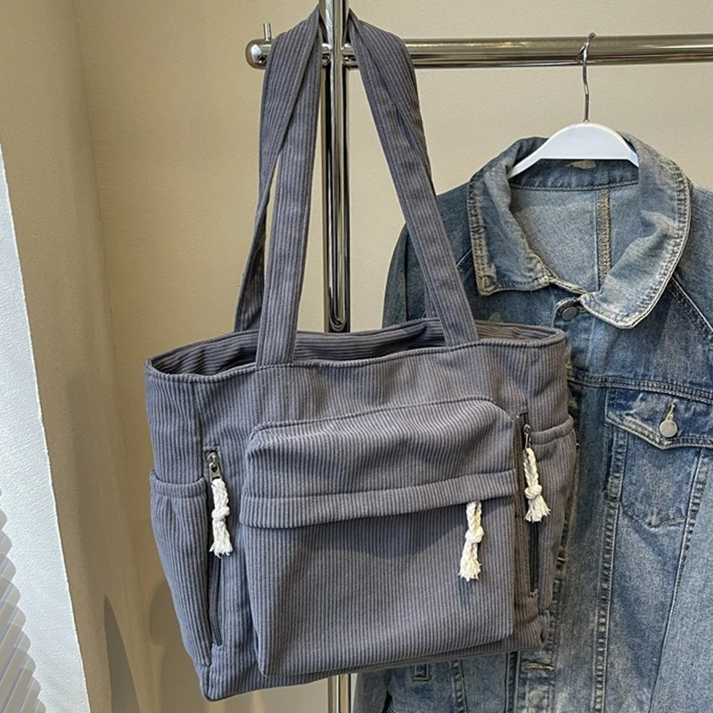 Women'S Large Capacity Corduroy Tote Bag Heavy-Duty Multi-Compartment Handbag Shoulder Bag with Fixed Strap & Zipper Closure