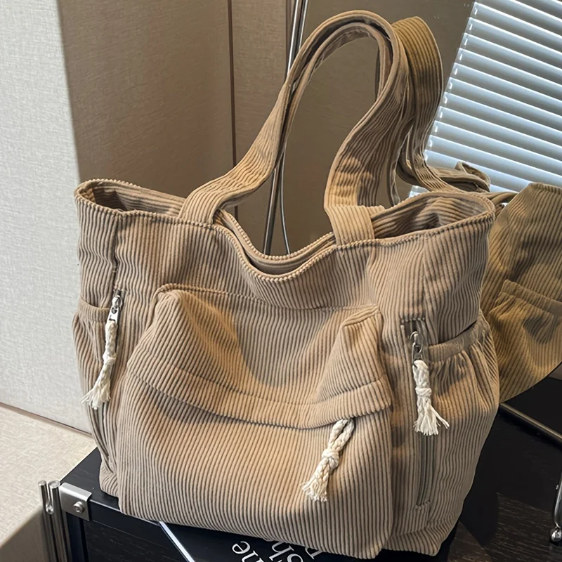 Women'S Large Capacity Corduroy Tote Bag Heavy-Duty Multi-Compartment Handbag Shoulder Bag with Fixed Strap & Zipper Closure