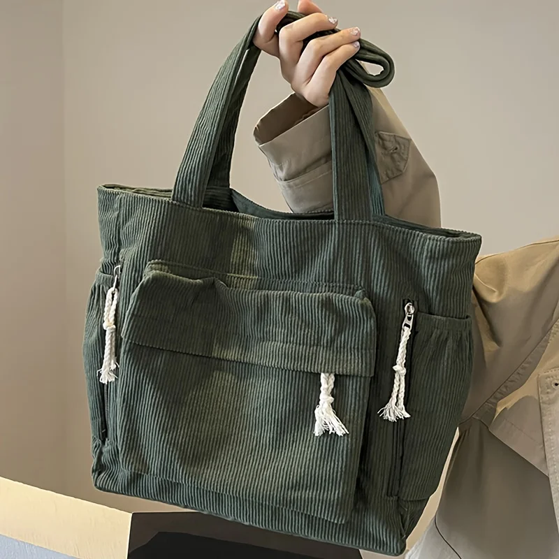Women'S Large Capacity Corduroy Tote Bag Heavy-Duty Multi-Compartment Handbag Shoulder Bag with Fixed Strap & Zipper Closure