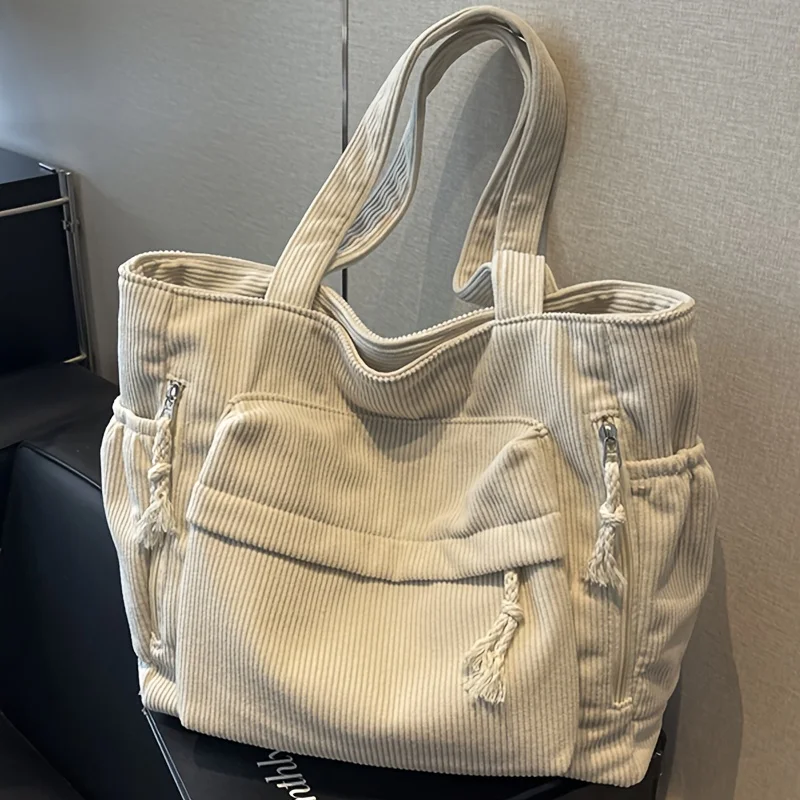 Women'S Large Capacity Corduroy Tote Bag Heavy-Duty Multi-Compartment Handbag Shoulder Bag with Fixed Strap & Zipper Closure