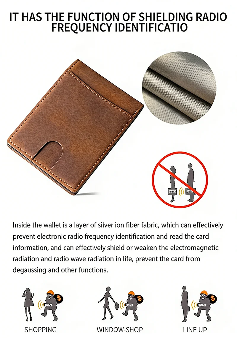 Men's Vintage Crazy Horse Leather Wallet Rfid Blocking Short Bifold Genuine Full Grain Cowhide Anti-Theft Card Holder Purse