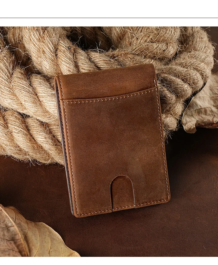 Men's Vintage Crazy Horse Leather Wallet Rfid Blocking Short Bifold Genuine Full Grain Cowhide Anti-Theft Card Holder Purse