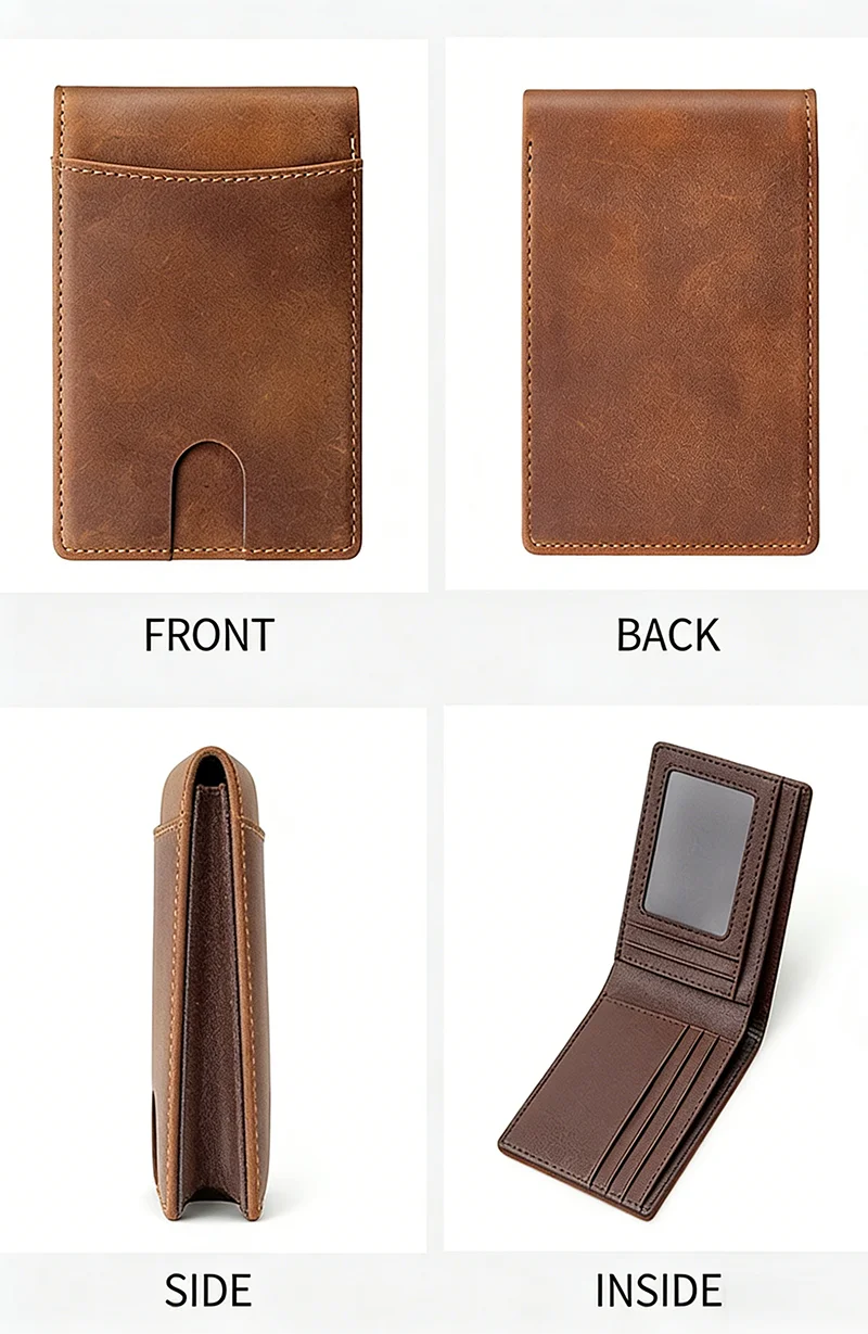 Men's Vintage Crazy Horse Leather Wallet Rfid Blocking Short Bifold Genuine Full Grain Cowhide Anti-Theft Card Holder Purse