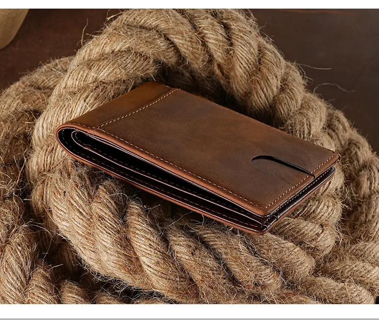 Men's Vintage Crazy Horse Leather Wallet Rfid Blocking Short Bifold Genuine Full Grain Cowhide Anti-Theft Card Holder Purse