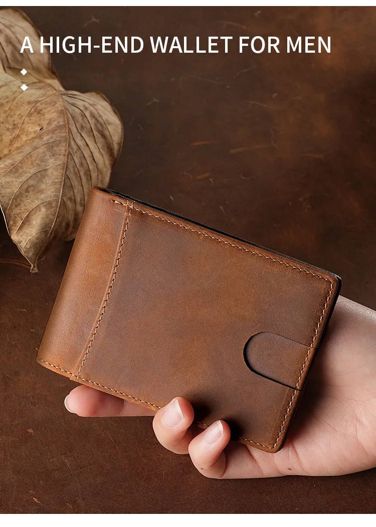 Men's Vintage Crazy Horse Leather Wallet Rfid Blocking Short Bifold Genuine Full Grain Cowhide Anti-Theft Card Holder Purse