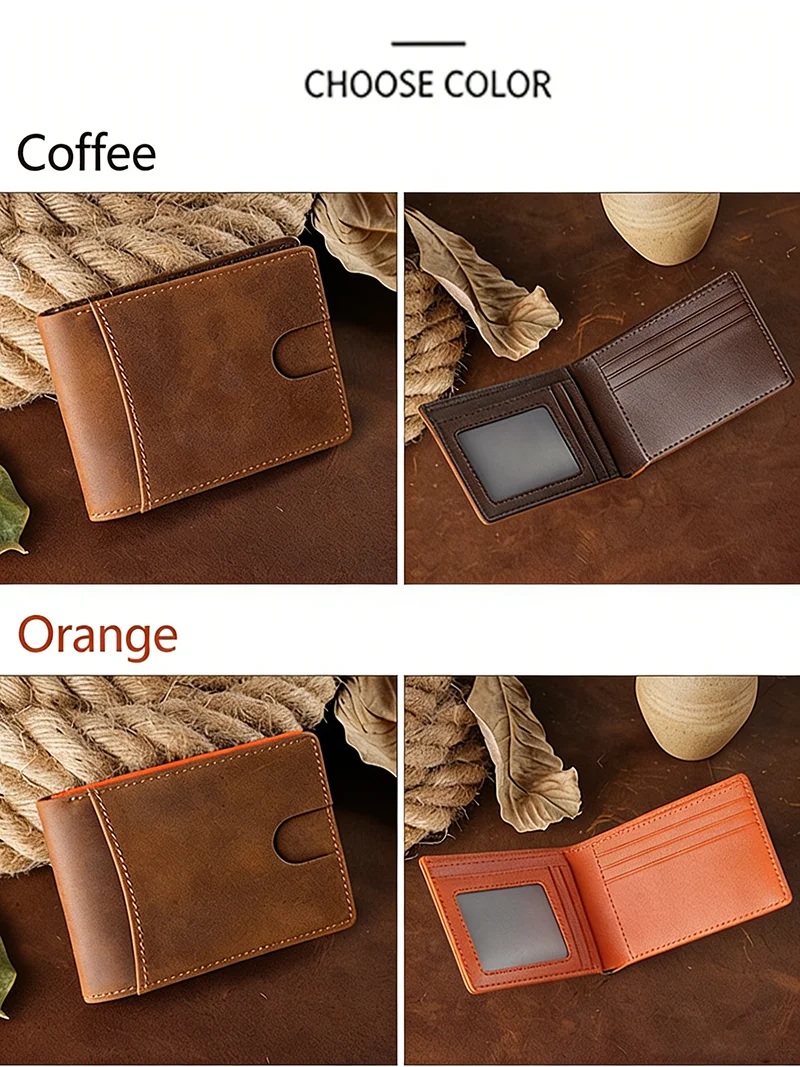 Men's Vintage Crazy Horse Leather Wallet Rfid Blocking Short Bifold Genuine Full Grain Cowhide Anti-Theft Card Holder Purse