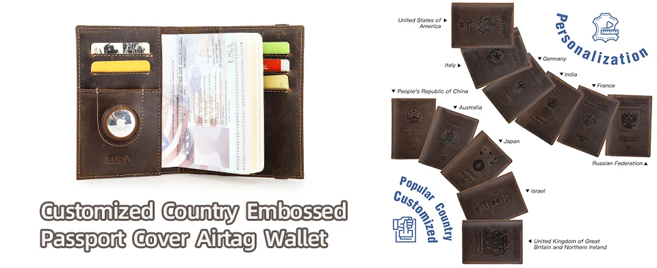 Genuine Cow Leather Passport Holder Travel Wallet with Airtag Case Anti-lost Pocket Pen Card Holder RFID Blocking Passport Cover