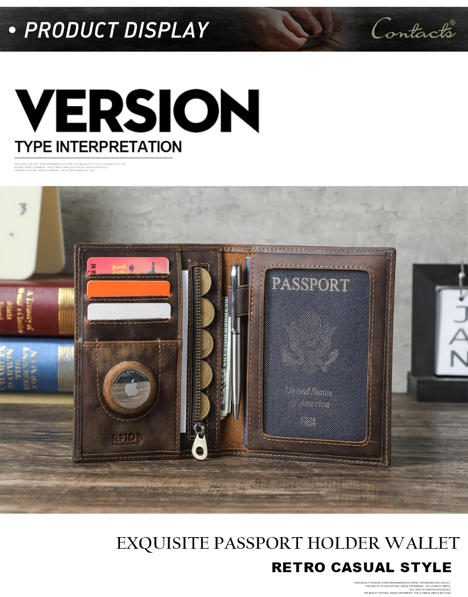 Genuine Cow Leather Passport Holder Travel Wallet with Airtag Case Anti-lost Pocket Pen Card Holder RFID Blocking Passport Cover